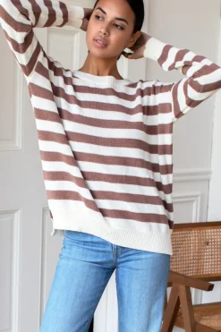 Outlet Carolyn Sweater in Mocha French Stripe Tops