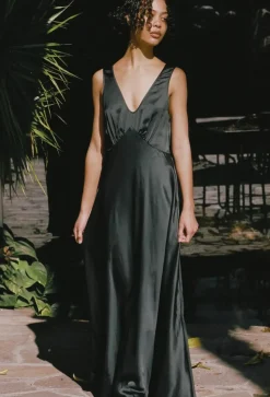 New Ciao Lucia Reine Black Satin Maxi Dress Dresses