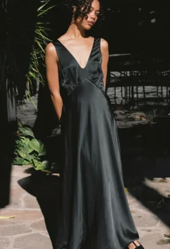New Ciao Lucia Reine Black Satin Maxi Dress Dresses