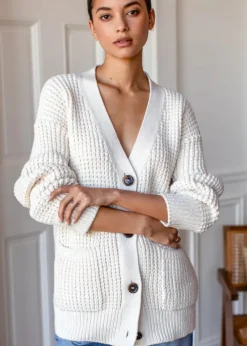 Hot Cozy Cotton Cardigan in Ivory Tanguis Tops
