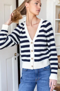 Hot Low V Neck Cardigan in Navy French Stripe Organic Tops