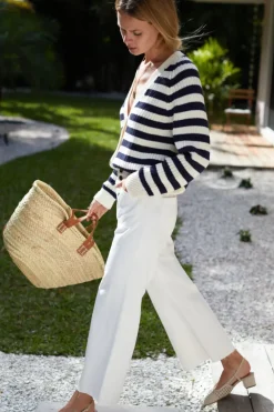 Hot Low V Neck Cardigan in Navy French Stripe Organic Tops